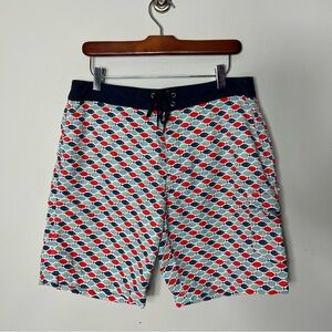 J. Crew Mens Swim Trunks Bathing Suit Board Shorts Lined Fish Print Size 32 446